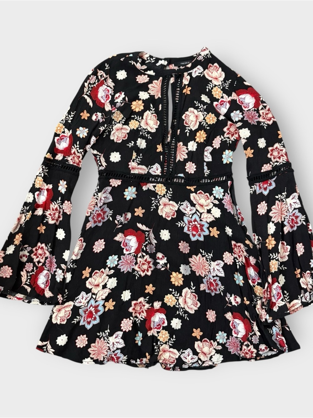 Forever 21 Black Roses Fall Florals Cutout Bell Sleeve A-line Dress - Boho Chic